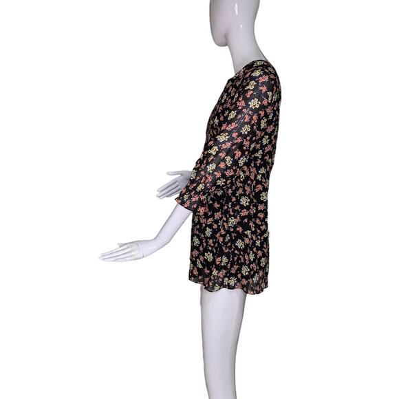 Free People Chiffon Baby Doll Dress Floral 3/4 Sleeve Size 0 Black and R… - Picture 5 of 14